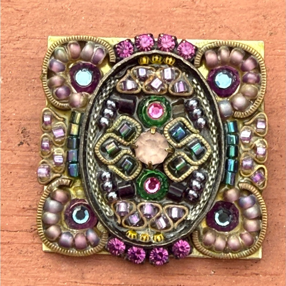 Vintage-Inspired Purple & Green Crystal Floral Brooch